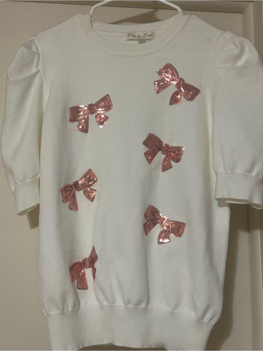 Vine & Love White Knit Top with Pink Sequin Bows